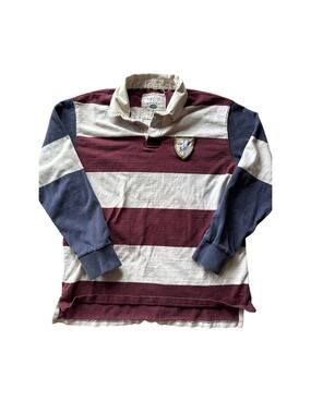 Vintage Izod Jeans Rugby Maroon White Navy Horizontal Striped Large Rugby
